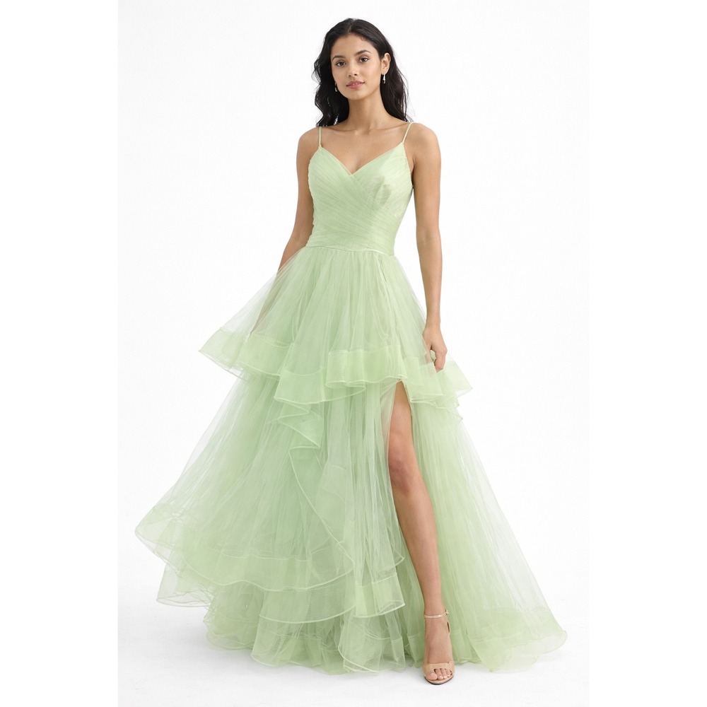 Hebeos Light Green High Low Tulle Ruffle Dress‎ Spaghetti Strap Prom Wedding L